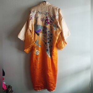 Vintage 1930s Orange Ombre Silk Padded Kimono with Peacock and Floral Embroidery